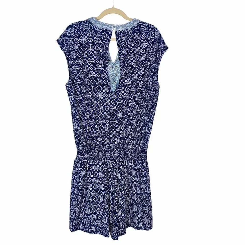 Cabana Life West Indies Fringe Romper Beach Large Blue White UPF 50+ Tassel Tie